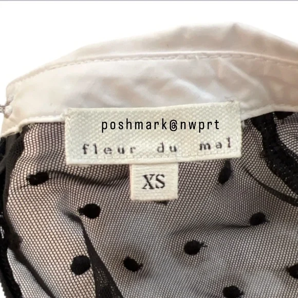 FLEUR DU MAL Polka Dot Tulle Mesh Collar Bodysuit Sheer Black White XS - Picture 6 of 14